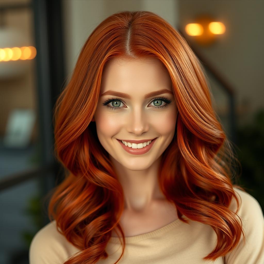 An elegant portrait of a slender 35-year-old red-haired woman with noticeable large breasts and a beautiful, captivating face, featuring her shiny red locks cascading around her shoulders, with sparkling green eyes and a warm smile that radiates confidence and charm