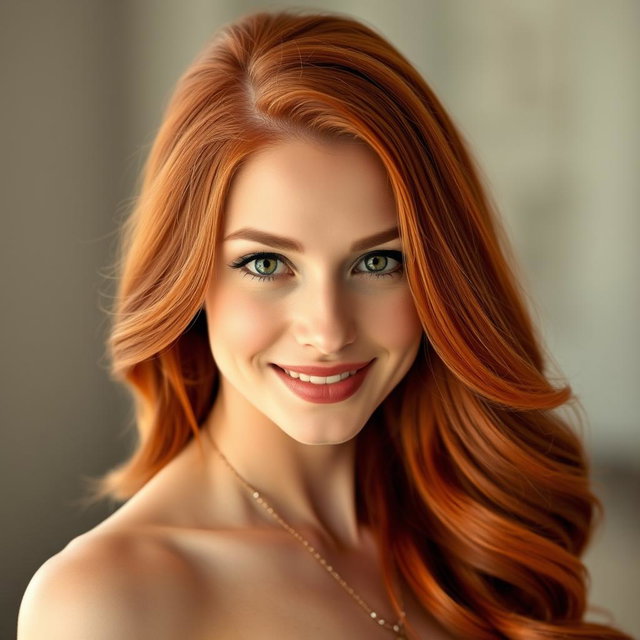 An elegant portrait of a slender 35-year-old red-haired woman with noticeable large breasts and a beautiful, captivating face, featuring her shiny red locks cascading around her shoulders, with sparkling green eyes and a warm smile that radiates confidence and charm