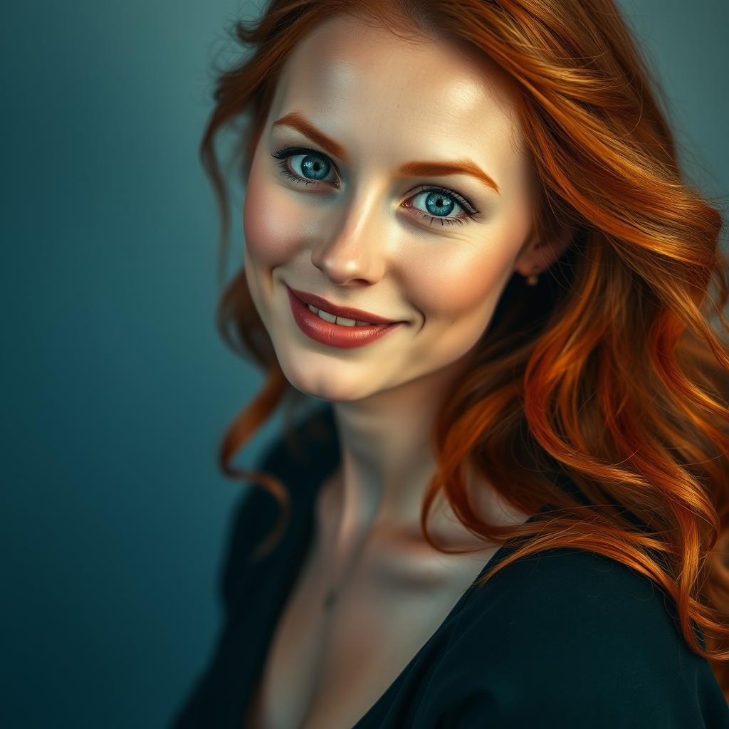 An enticing portrait of a slender 35-year-old red-haired woman with prominent large breasts and a beautiful, captivating face, highlighting her flowing red hair, alluring green eyes, and a warm smile that embodies her confidence and grace