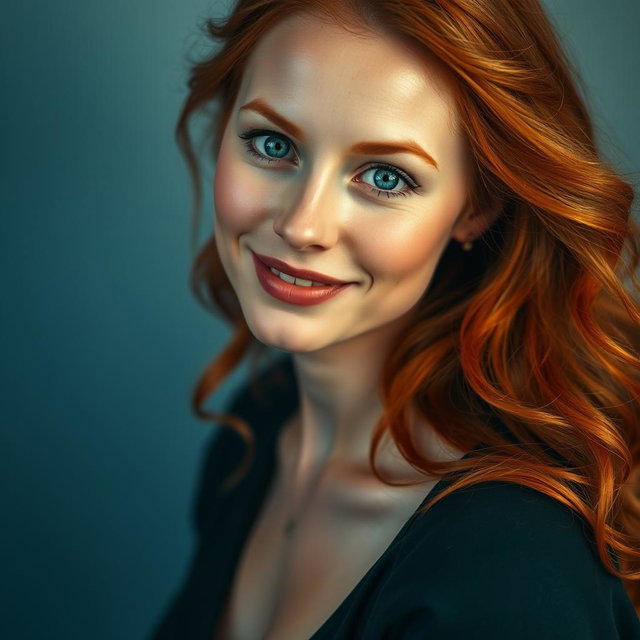 An enticing portrait of a slender 35-year-old red-haired woman with prominent large breasts and a beautiful, captivating face, highlighting her flowing red hair, alluring green eyes, and a warm smile that embodies her confidence and grace