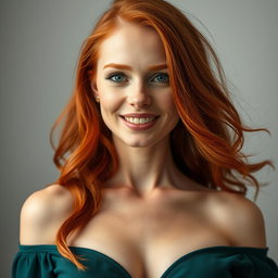 An enticing portrait of a slender 35-year-old red-haired woman with prominent large breasts and a beautiful, captivating face, highlighting her flowing red hair, alluring green eyes, and a warm smile that embodies her confidence and grace