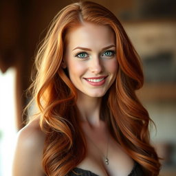 An enticing portrait of a slender 35-year-old red-haired woman with prominent large breasts and a beautiful, captivating face, highlighting her flowing red hair, alluring green eyes, and a warm smile that embodies her confidence and grace