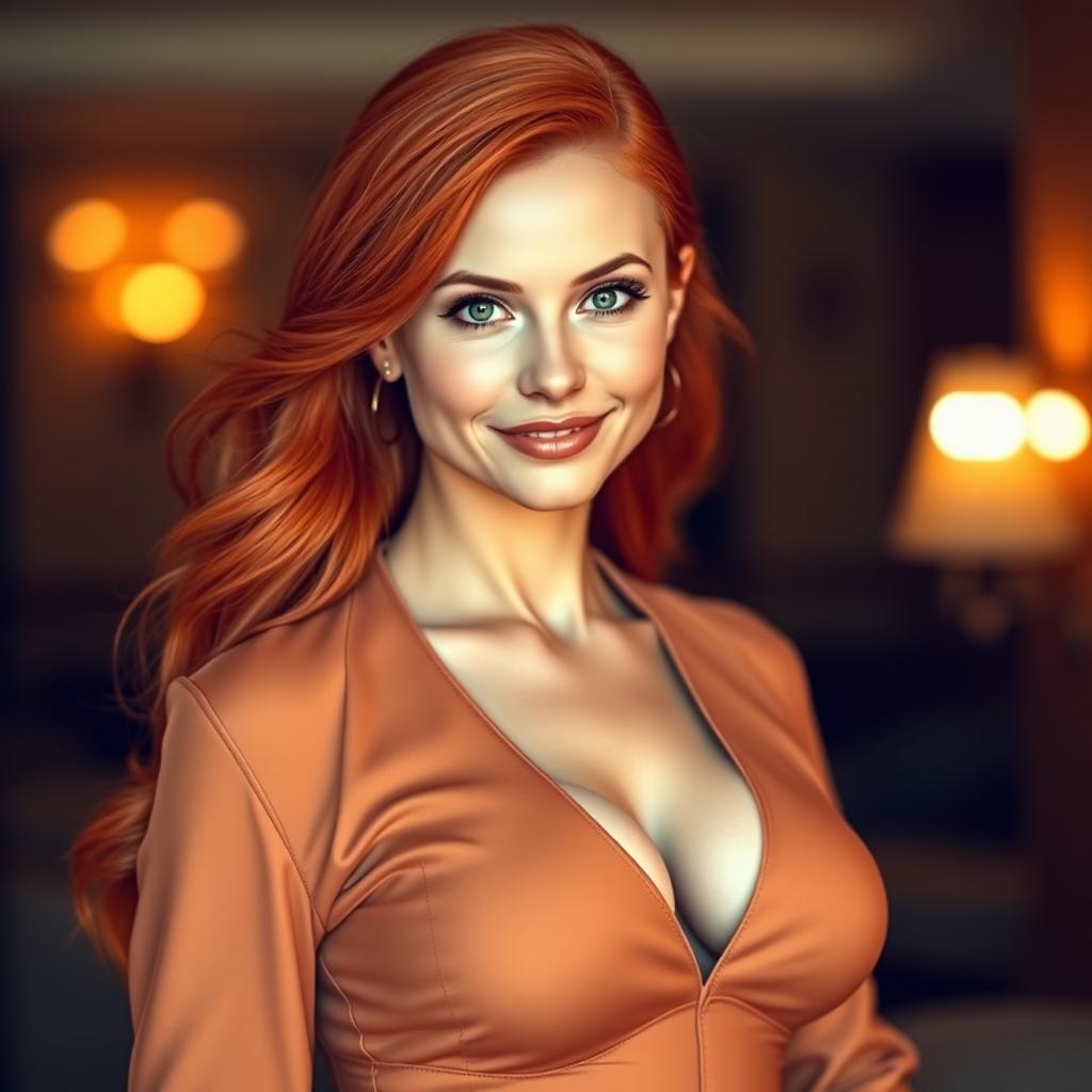 A slender 35-year-old red-haired woman with large breasts and a beautiful face, dressed elegantly