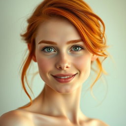 A stunning portrait of a slender 35-year-old red-haired woman with large breasts and a captivatingly beautiful face, showcasing her vibrant red hair that flows gracefully, bright green eyes that sparkle with life, and a charming smile that reflects confidence and allure