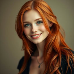 A stunning portrait of a slender 35-year-old red-haired woman with large breasts and a captivatingly beautiful face, showcasing her vibrant red hair that flows gracefully, bright green eyes that sparkle with life, and a charming smile that reflects confidence and allure