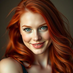 A stunning portrait of a slender 35-year-old red-haired woman with large breasts and a captivatingly beautiful face, showcasing her vibrant red hair that flows gracefully, bright green eyes that sparkle with life, and a charming smile that reflects confidence and allure