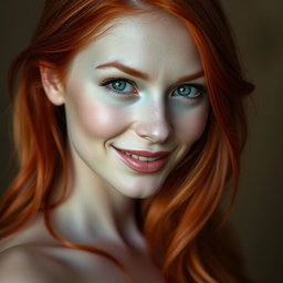 A stunning portrait of a slender 35-year-old red-haired woman with large breasts and a captivatingly beautiful face, showcasing her vibrant red hair that flows gracefully, bright green eyes that sparkle with life, and a charming smile that reflects confidence and allure