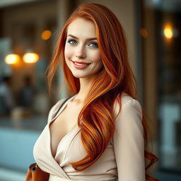A slender 35-year-old red-haired woman with large breasts and a beautiful face, elegantly dressed