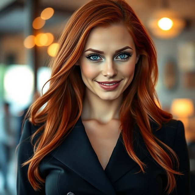 A slender 35-year-old red-haired woman with large breasts and a beautiful face, elegantly dressed