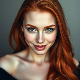 A captivating portrait of a slender 35-year-old red-haired woman with prominent large breasts and an exceptionally beautiful face