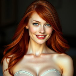 A captivating portrait of a slender 35-year-old red-haired woman with prominent large breasts and an exceptionally beautiful face