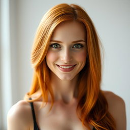 A captivating portrait of a slender 35-year-old red-haired woman with prominent large breasts and an exceptionally beautiful face