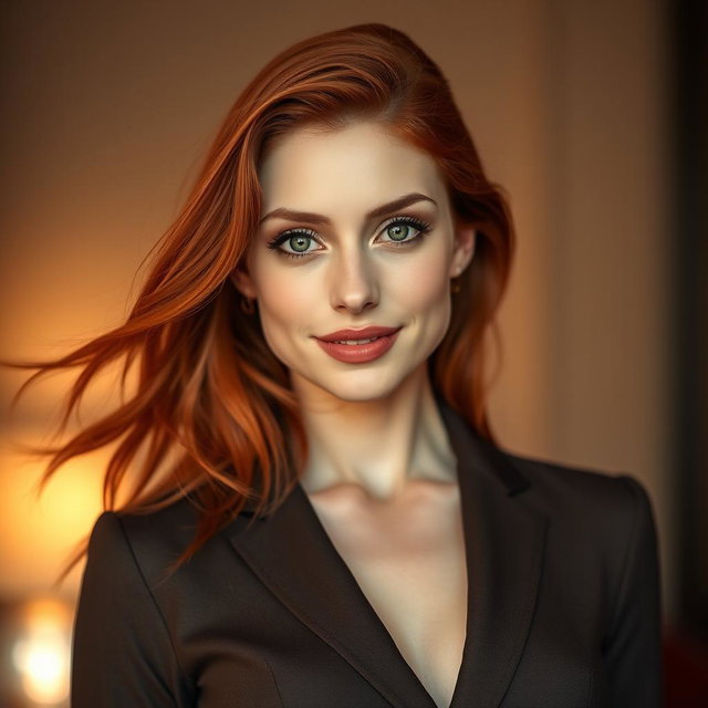 A slender 35-year-old red-haired woman with large breasts and a beautiful face, tastefully dressed