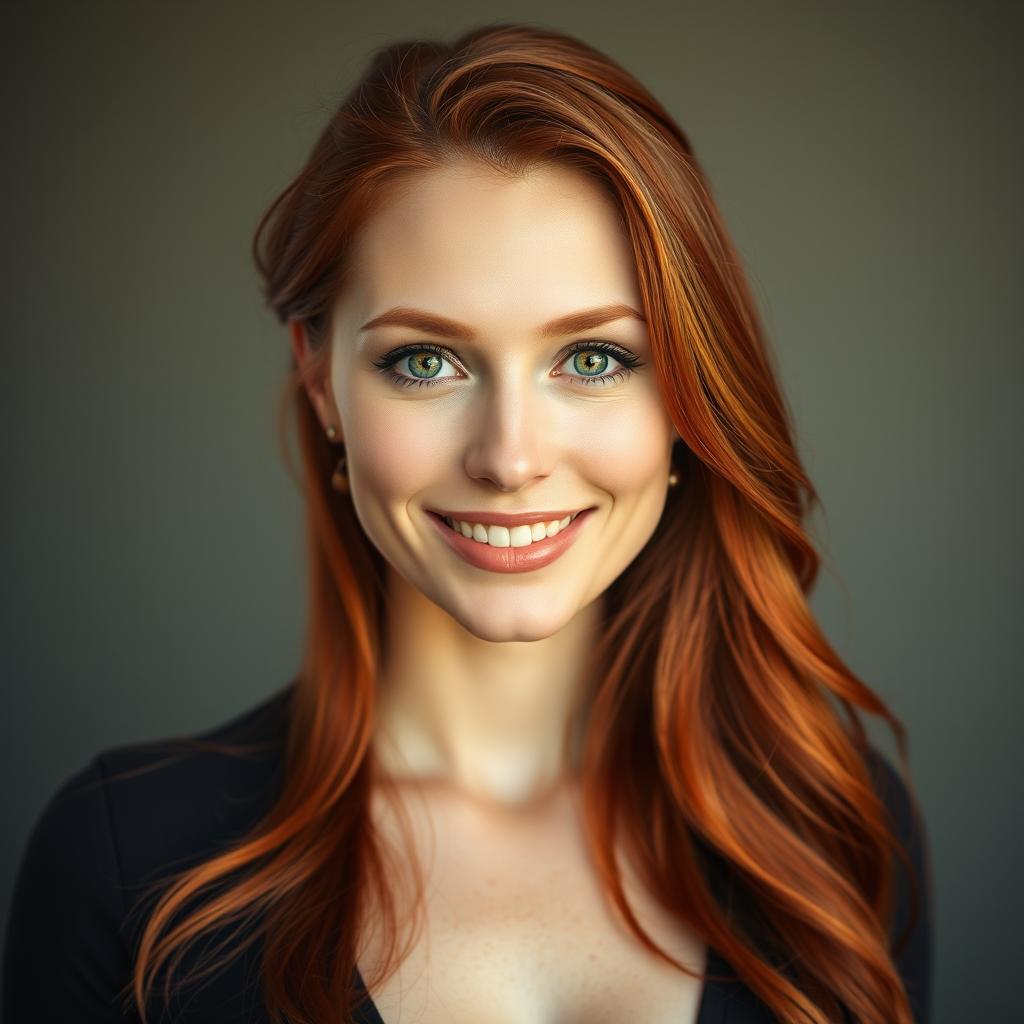A mesmerizing portrait of a slender 35-year-old red-haired woman with large breasts and an exceptionally beautiful face