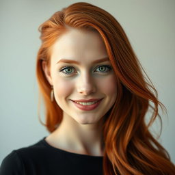 A mesmerizing portrait of a slender 35-year-old red-haired woman with large breasts and an exceptionally beautiful face