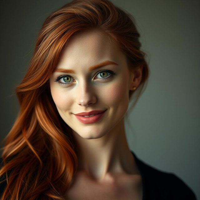 A mesmerizing portrait of a slender 35-year-old red-haired woman with large breasts and an exceptionally beautiful face