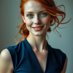 A mesmerizing portrait of a slender 35-year-old red-haired woman with large breasts and an exceptionally beautiful face
