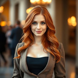 A slender 35-year-old red-haired woman with large breasts and a beautiful face, tastefully dressed in a fashionable outfit