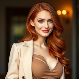 A slender 35-year-old red-haired woman with large breasts and a beautiful face, tastefully dressed in a fashionable outfit