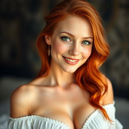 An enchanting portrait of a slender 35-year-old red-haired woman, featuring her large breasts and an exceptionally beautiful face