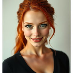 An enchanting portrait of a slender 35-year-old red-haired woman, featuring her large breasts and an exceptionally beautiful face