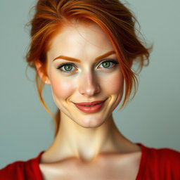 An enchanting portrait of a slender 35-year-old red-haired woman, featuring her large breasts and an exceptionally beautiful face