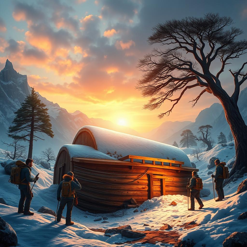 The Ark of Noah is found in a dramatic landscape, surrounded by mountains and ancient trees