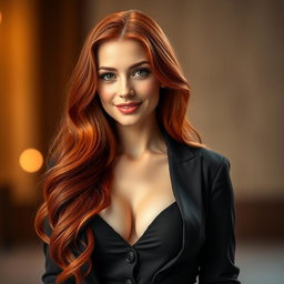 A slender 35-year-old red-haired woman with large breasts and a beautiful face, dressed fashionably