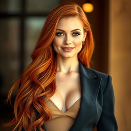 A slender 35-year-old red-haired woman with large breasts and a beautiful face, dressed fashionably