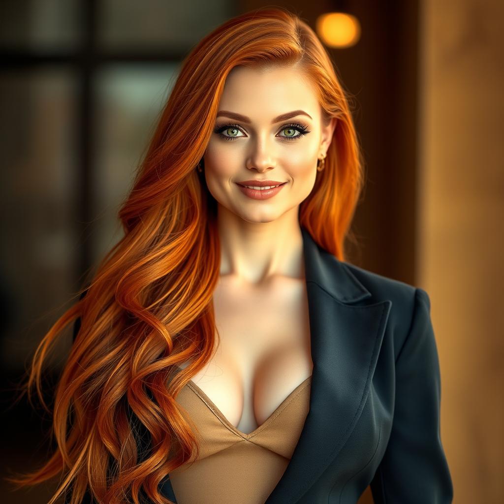 A slender 35-year-old red-haired woman with large breasts and a beautiful face, dressed fashionably