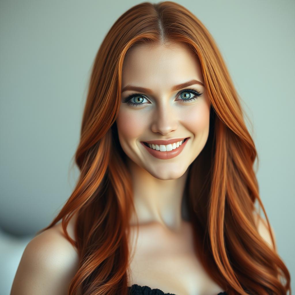 A stunning portrait of a slender 35-year-old red-haired woman with voluptuous large breasts and a beautifully crafted face