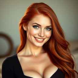 A stunning portrait of a slender 35-year-old red-haired woman with voluptuous large breasts and a beautifully crafted face