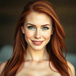 A stunning portrait of a slender 35-year-old red-haired woman with voluptuous large breasts and a beautifully crafted face