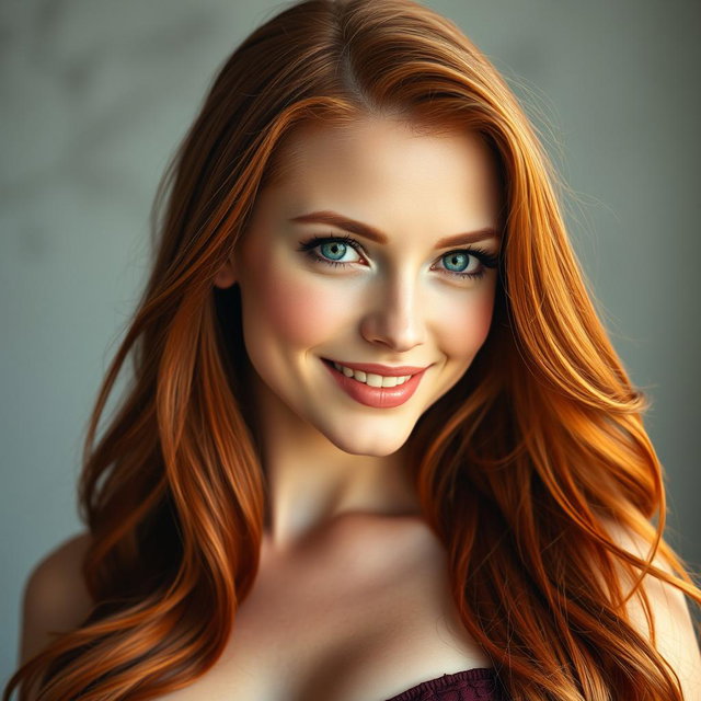 A stunning portrait of a slender 35-year-old red-haired woman with voluptuous large breasts and a beautifully crafted face