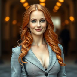 A slender 35-year-old red-haired woman with large breasts and a beautiful face, elegantly dressed