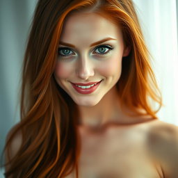 A captivating image of a slender 35-year-old red-haired woman, showcasing her large breasts and strikingly beautiful face