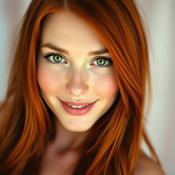 A captivating image of a slender 35-year-old red-haired woman, showcasing her large breasts and strikingly beautiful face