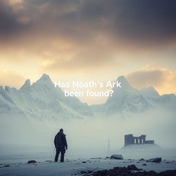 A mysterious landscape featuring an archaeologist standing in awe, gazing at towering snow-covered mountains
