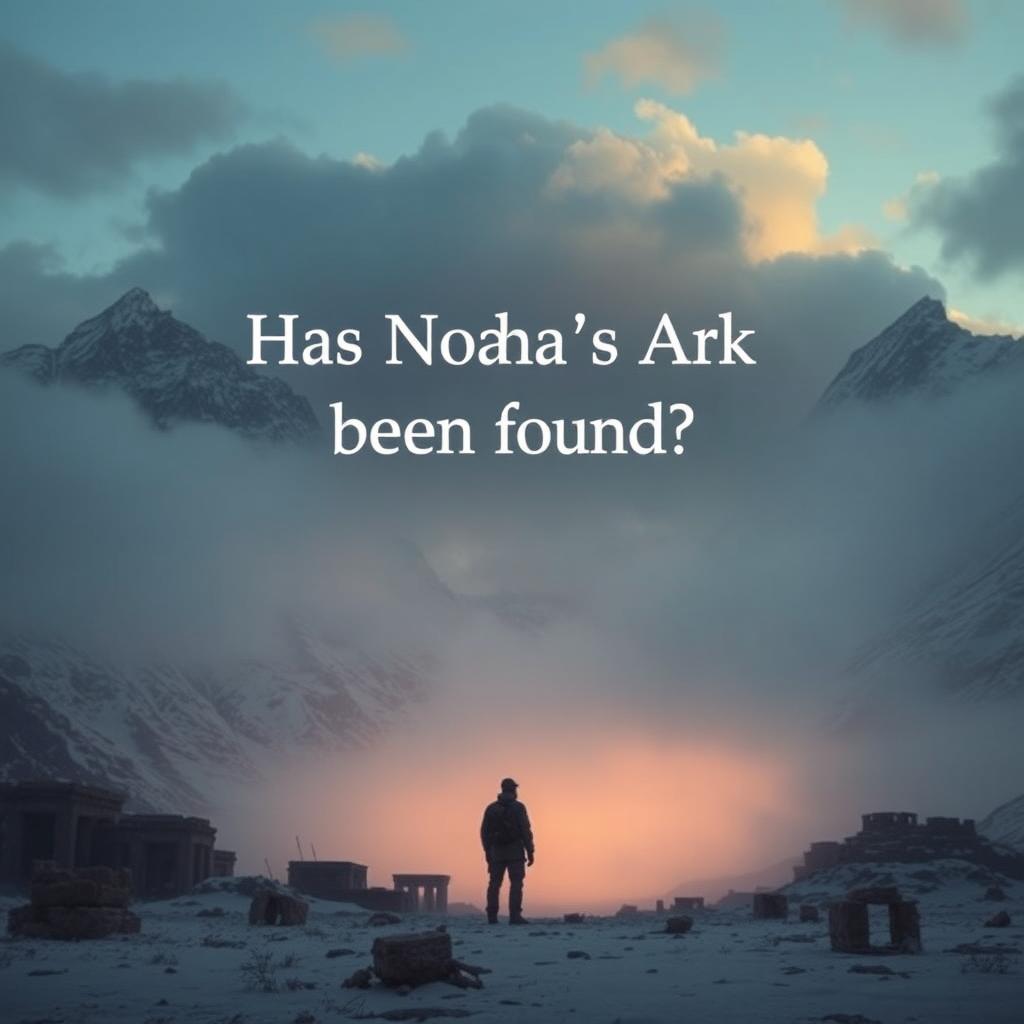 A mysterious landscape featuring an archaeologist standing in awe, gazing at towering snow-covered mountains