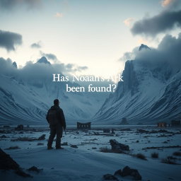 A mysterious landscape featuring an archaeologist standing in awe, gazing at towering snow-covered mountains