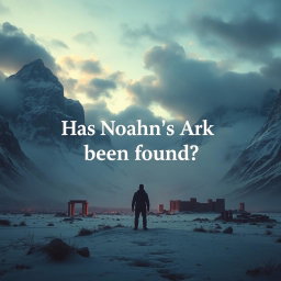 A mysterious landscape featuring an archaeologist standing in awe, gazing at towering snow-covered mountains