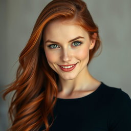 A beautiful portrait of a slender 35-year-old red-haired woman, highlighting her large breasts and stunningly attractive face