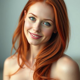 A beautiful portrait of a slender 35-year-old red-haired woman, highlighting her large breasts and stunningly attractive face