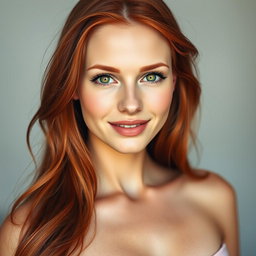 A beautiful portrait of a slender 35-year-old red-haired woman, highlighting her large breasts and stunningly attractive face