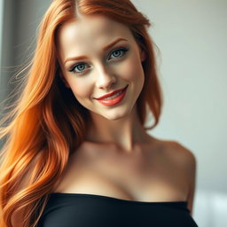 A beautiful portrait of a slender 35-year-old red-haired woman, highlighting her large breasts and stunningly attractive face