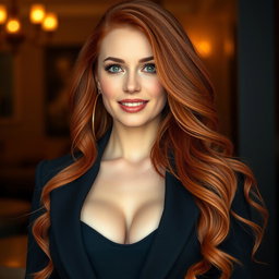 A slender 35-year-old red-haired woman with large breasts and a beautiful face, elegantly dressed in a fashionable outfit