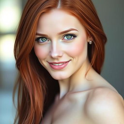 An elegant portrait of a slender 35-year-old red-haired woman, featuring her prominent large breasts and a beautifully delicate face
