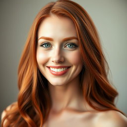 An elegant portrait of a slender 35-year-old red-haired woman, featuring her prominent large breasts and a beautifully delicate face