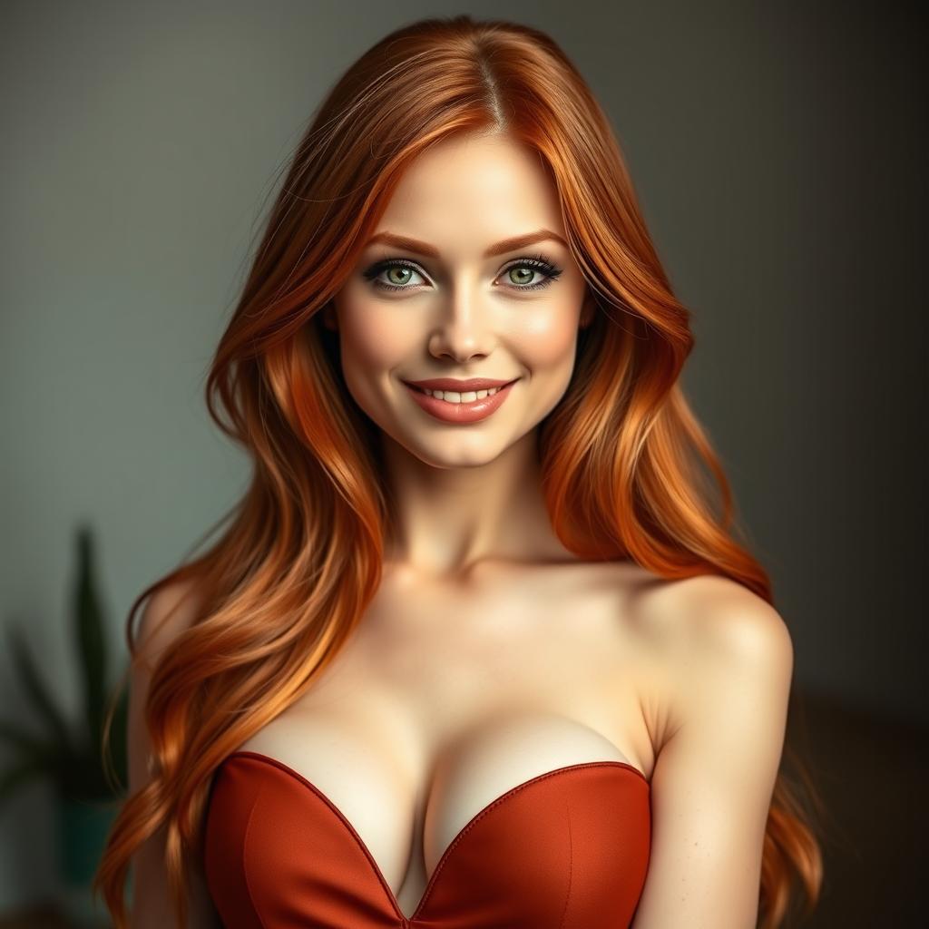 An elegant portrait of a slender 35-year-old red-haired woman, featuring her prominent large breasts and a beautifully delicate face