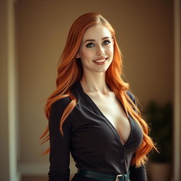 A slender 35-year-old red-haired woman with large breasts and a beautiful face, elegantly dressed